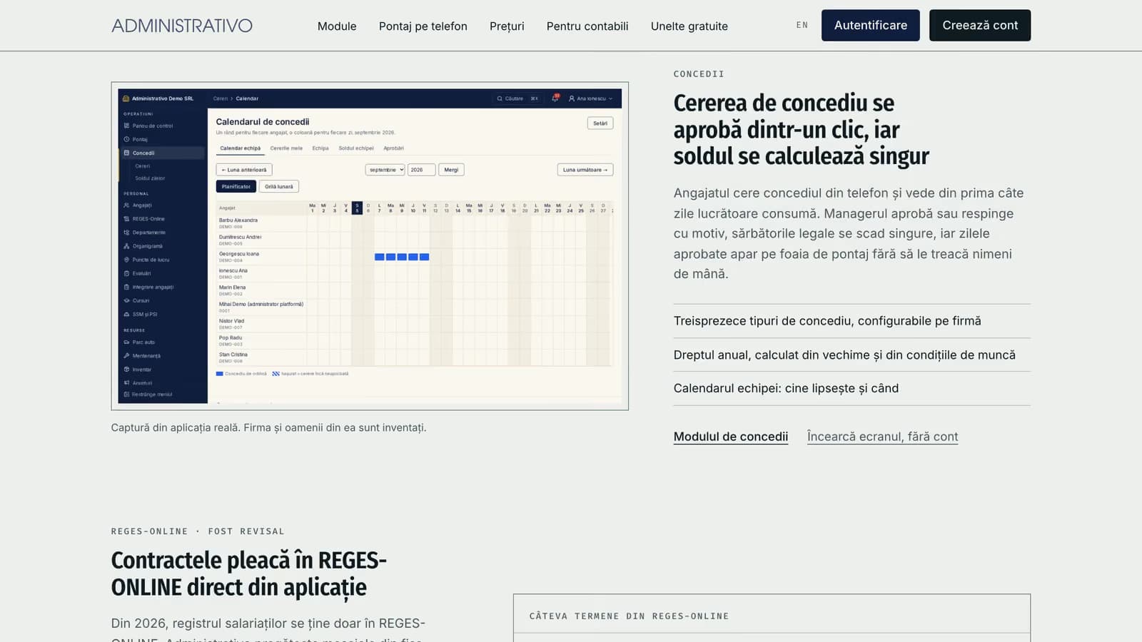 The leave section of the ADMINISTRATIVO website in Romanian: a capture of the app’s team leave calendar for a demo company, one row per employee and one column per day, with one employee’s approved days in blue, next to the heading about approving leave requests in one click.