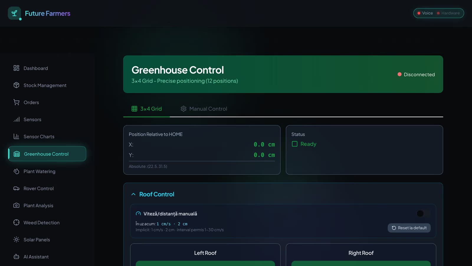 The Greenhouse Control page of the SeraFullAutonoma web app, titled Future Farmers: the position relative to HOME on a grid of twelve positions, the system status and the controls for the left and right roof. The hardware was offline when the screenshot was taken, so the badge reads Disconnected.