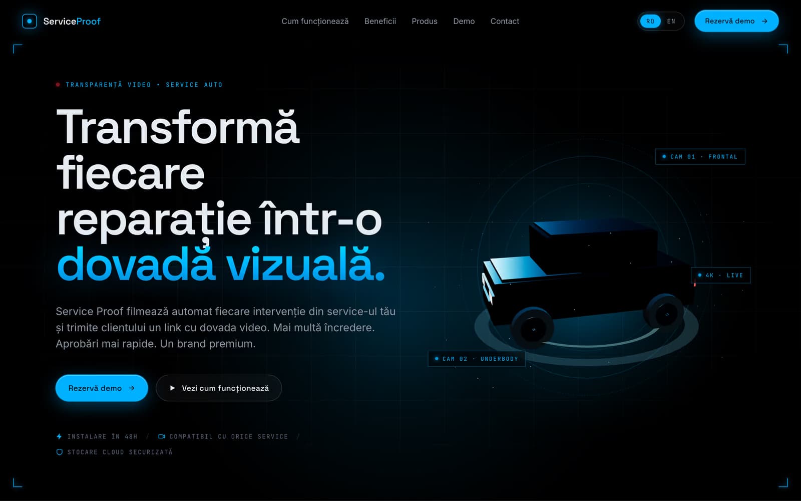 The top of serviceproof.ro in Romanian: the headline about turning every repair into visual proof, a button to book a demo, and a dark 3D car between two camera labels, one in front and one under the car.